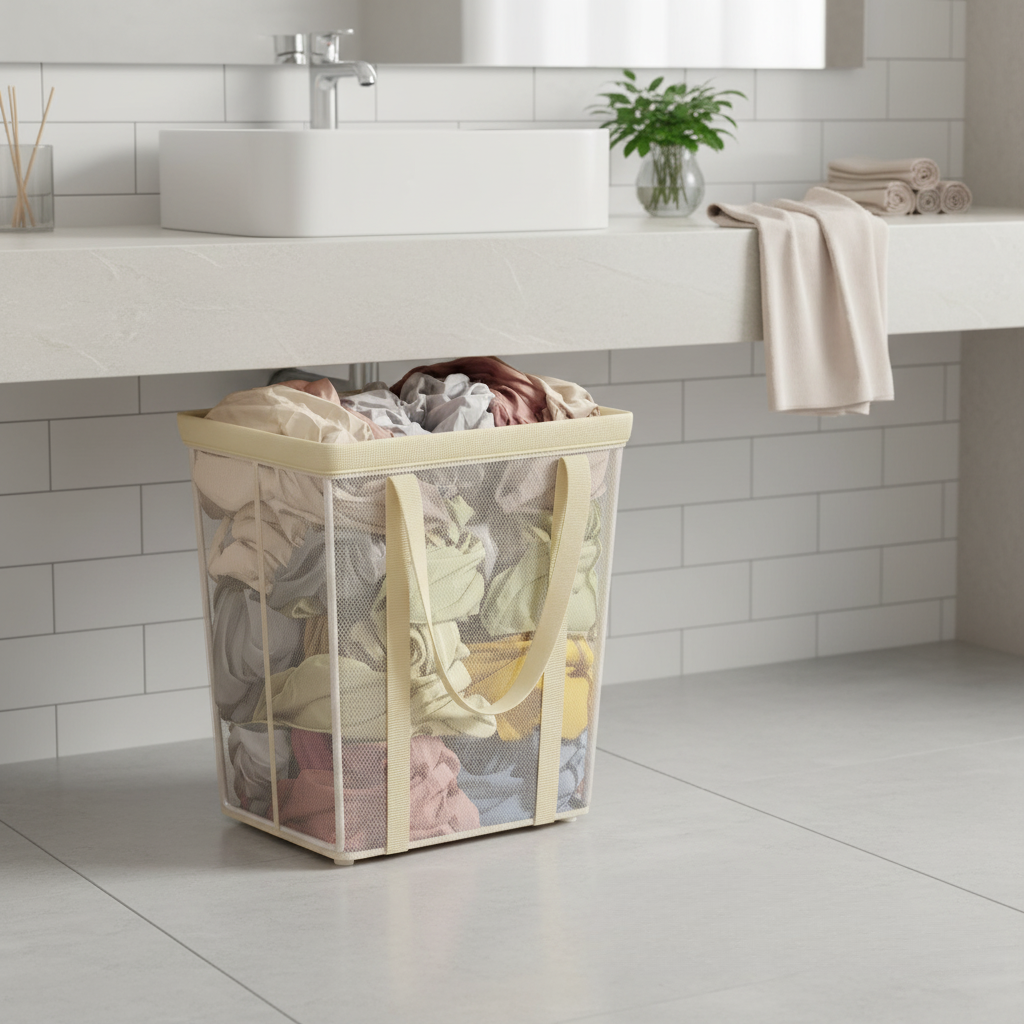 Beige mesh laundry hamper filled with colorful clothes, placed in a clean white bathroom.