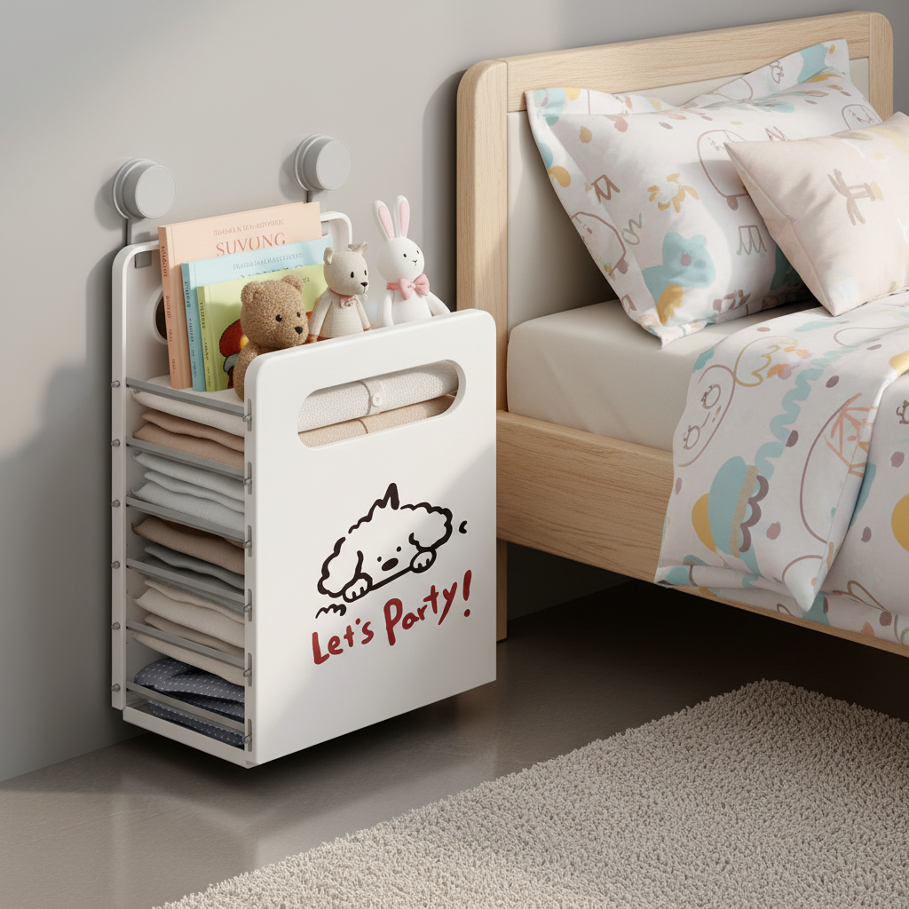 Wall-mounted foldable storage organizer in open position beside a child's bed, holding folded clothes on shelves and books, stuffed animals on top, with a cute dog 'Let's Party!' print design.