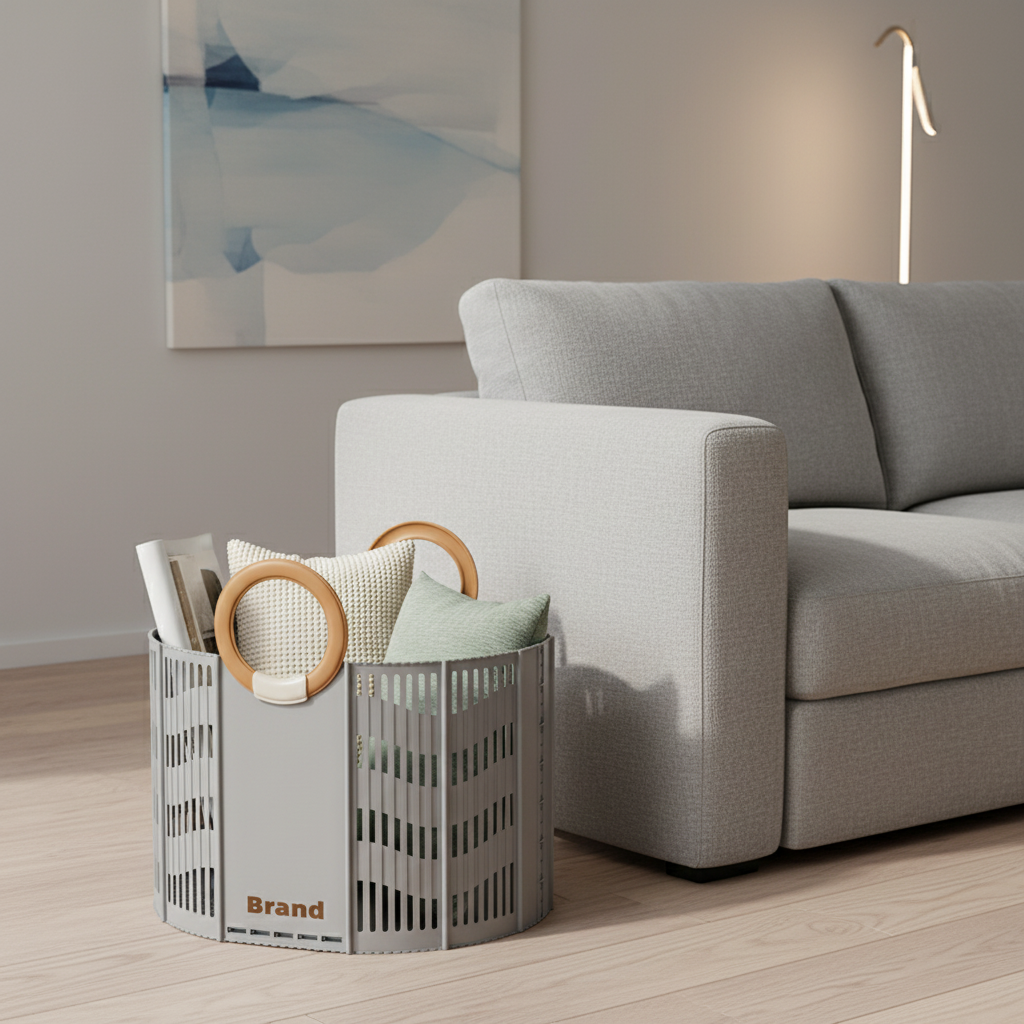 Grey foldable storage basket with round plastic handles, holding blankets and magazines, placed on a wooden floor beside a grey sofa.