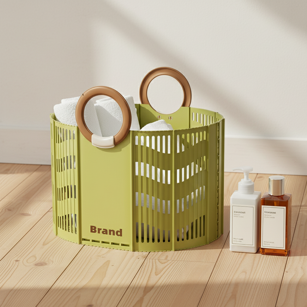 Green foldable storage basket with round plastic handles, holding towels and toiletries, placed on a wooden floor beside soap dispensers.