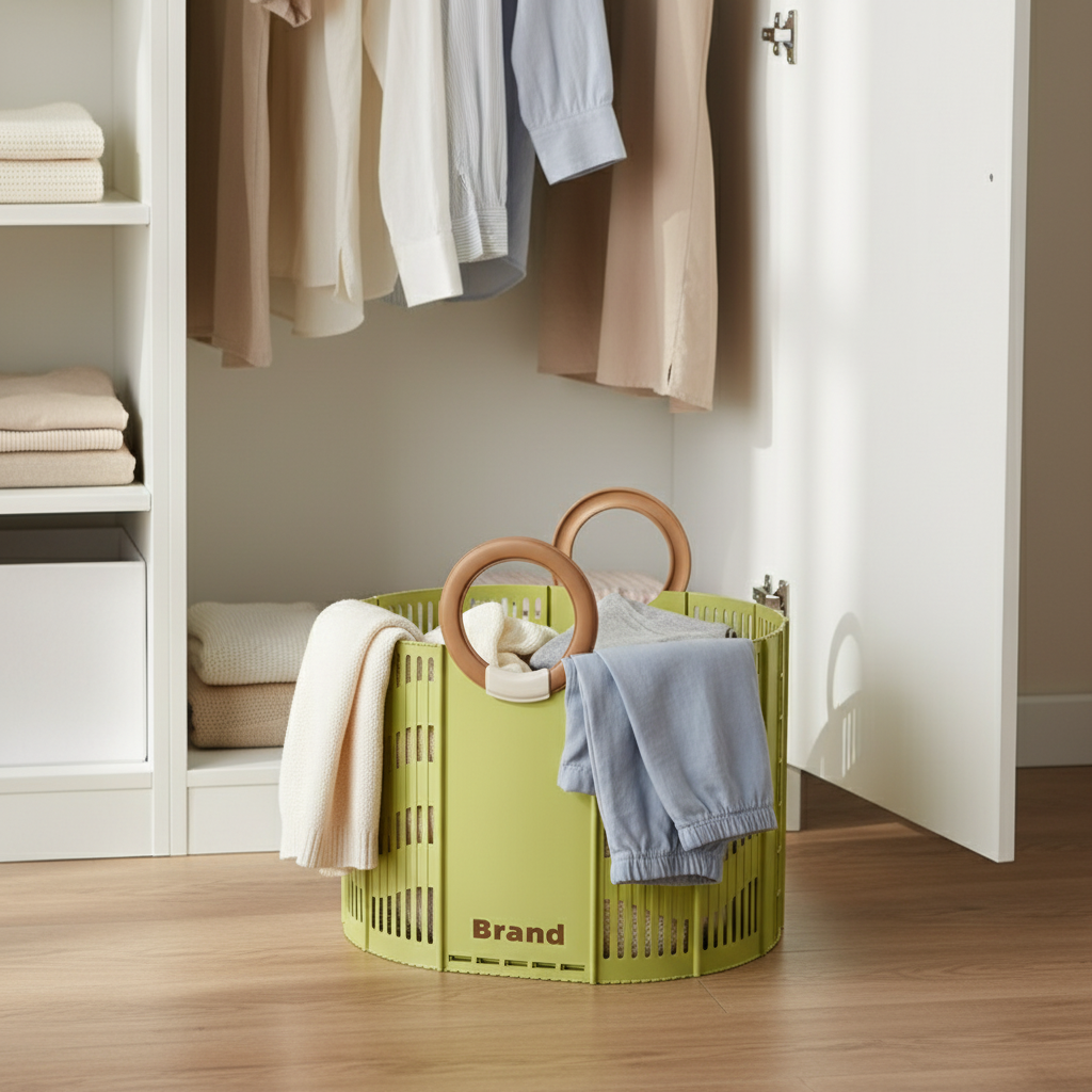 Green foldable storage basket with round plastic handles, holding clothes, placed on a wooden floor in front of an open wardrobe closet.