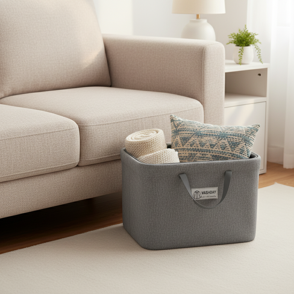 Washday grey fabric storage basket holding a rolled blanket and cushion beside a beige sofa.