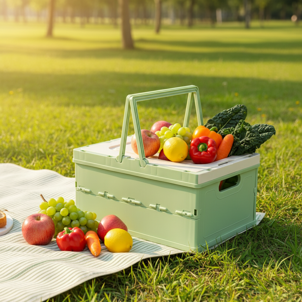 Green foldable storage crate with handle, loaded with fresh fruits and vegetables at a sunny park picnic.