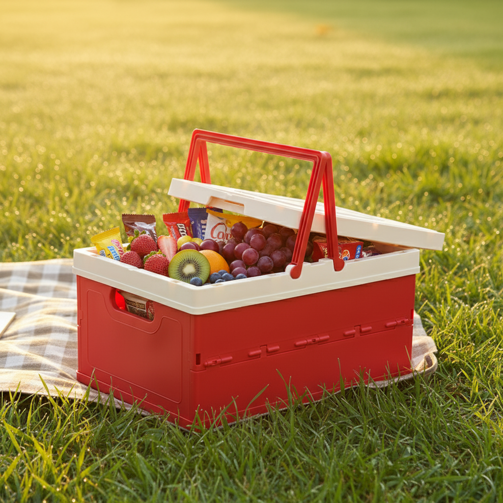 Red foldable storage crate with handle, filled with fresh fruits and snacks on a picnic blanket in grass.